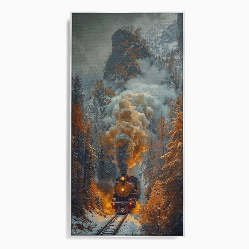 Tablou canvas cu ilustratie cu tren cu aburi pe sina acoperita de zapada, in rama de aluminiu argintiu
